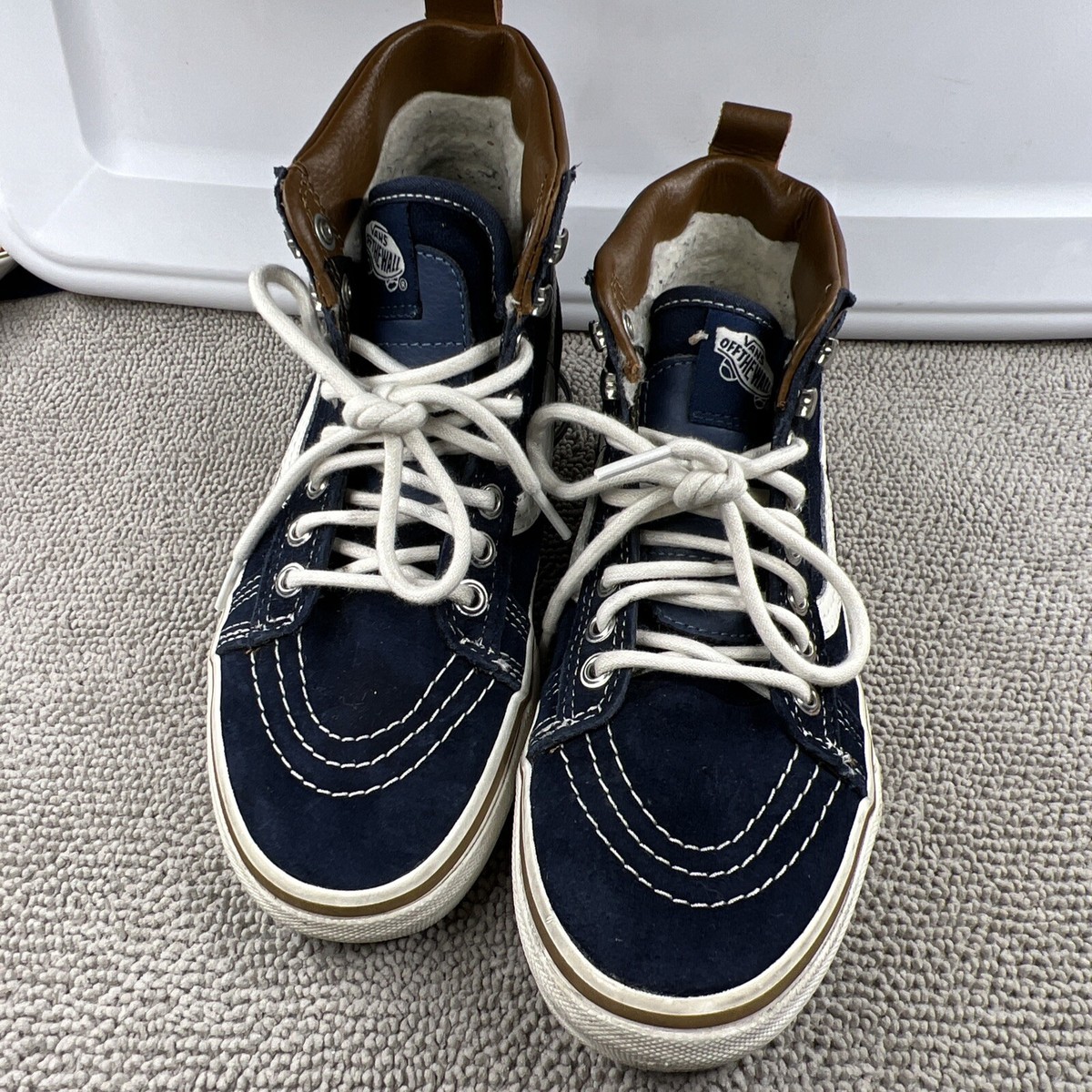 Vans Sk8 Scotchgard Men High Top 721454 Blue Suede Sherpa Lined Brown Leather