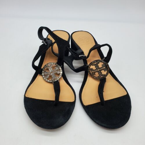 Tory Burch schwarze Sandalen mit Kristalllogo Größe 7,5 schwarzes Wildleder