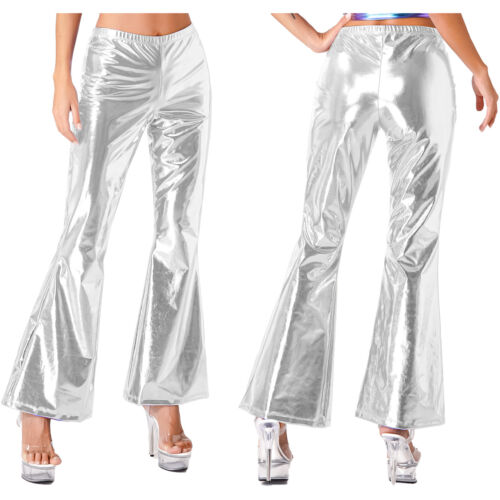 FEESHOW Womens Metallic Shiny Bell Bottom 70s Disco Pants Glossy Sparkly AU - Picture 21 of 41