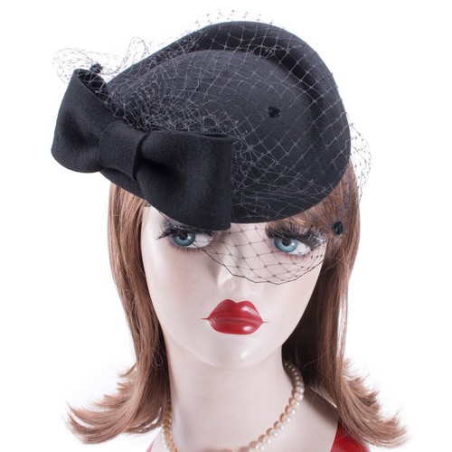 Retro Womens Dress Fascinator Wool Felt Pillbox Hat Party Wedding Bow Veil A082 - Picture 8 of 65