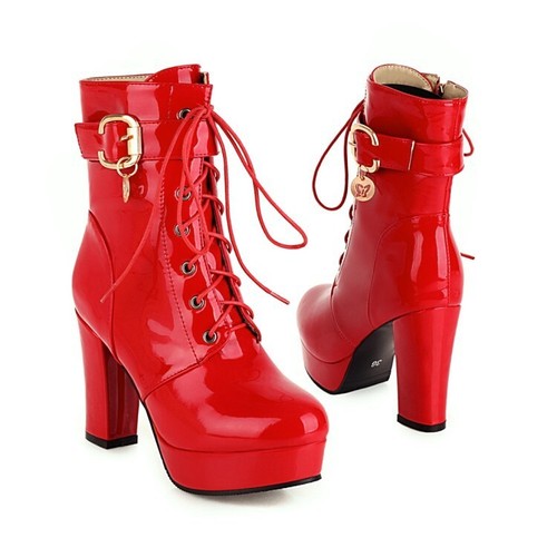 Women Platform High Heels Shoes Lace Up Ankle Boots Side Zip Round Toe Booties - Picture 13 of 17