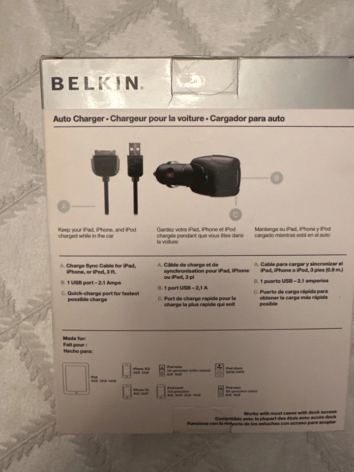 Belkin Car Charger 30-Pin USB Data Sync/Charger Cable for Apple iPad 1 2 3 - Image 2 of 3