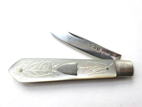 ANTIQUE 1916 ENGLISH STERLING SILVER MOTHER OF PEARL FOLDING FRUIT POCKET KNIFE