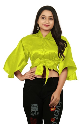Collared Top Satin Elegant Button Knot Crop Top Flared Sleeve Top Plus Size S116 - Picture 285 of 291