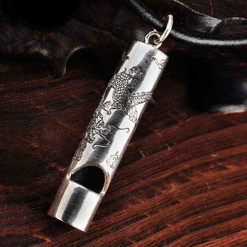 Pure S925 Sterling Silver Men Gift Lucky Carved Dragon Pattern Whistle Pendant - Picture 2 of 4