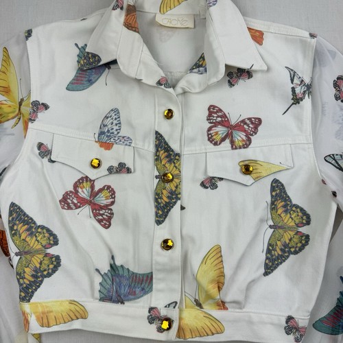 Vintage Butterfly Denim Jacket Womens XS White Colorful Sheer Sleeves 80s - Picture 2 of 13