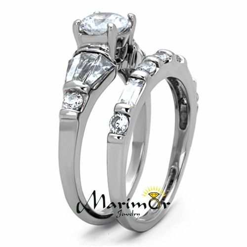 His & Her Stainless Steel 2.50 Ct Cz Bridal Set & Men's Titanium Wedding Band - Picture 6 of 9