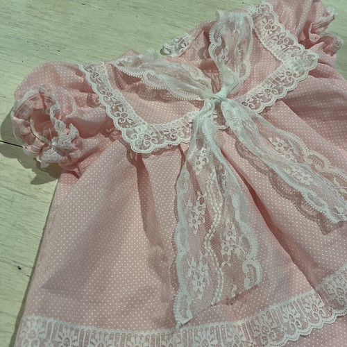 Evy Vintage Baby Dress 12 Months Pink White Lace Tiny Polkadots Short Sleeve - Picture 2 of 17