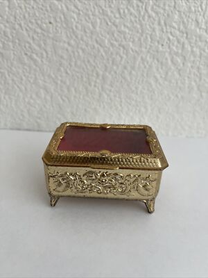 VINTAGE ORMOLU FLOWER FILIGREE BEVELED GLASS VANITY TRINKET CASKET JEWEL BOX