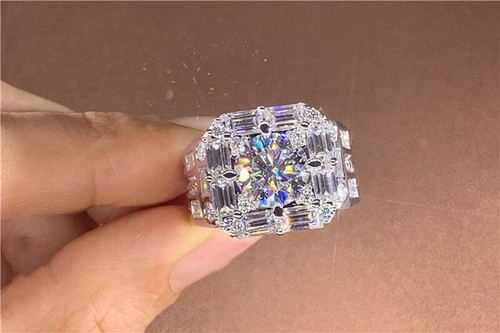 3.00Ct Round Cut Real Moissanite Men's Pinky Ring 14K White Gold Plated - Picture 8 of 13