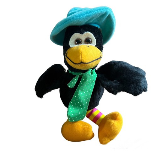Vintage Russ Berrie Calvin Crow with Blue Hat Green Tie Stuffed Animal Plush 9"