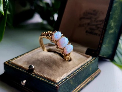 Ethiopian Natural Opal 14K Gold Plated On Silver Vintage Engagement Ring For Her - Picture 3 of 3
