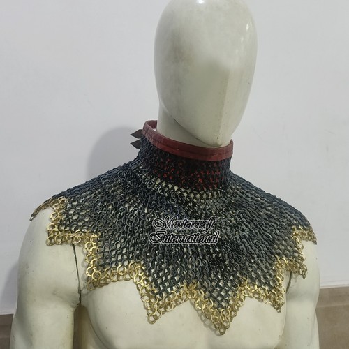 Medieval Knight Chainmail Collor Zig Zag Design Mild Steel with Brass Falt Ring - Picture 2 of 4