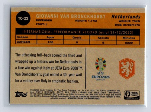 2024 Topps Chrome UEFA Euro #TC-22 Giovanni Van Bronckhorst -1960 Topps - Picture 2 of 2