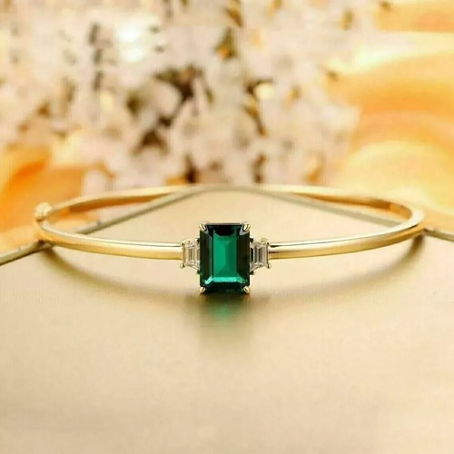 4Ct Emerald Lab-Created Emerald Diamond Bangle Bracelet 14KYellow Gold Plated 7" - Picture 2 of 4