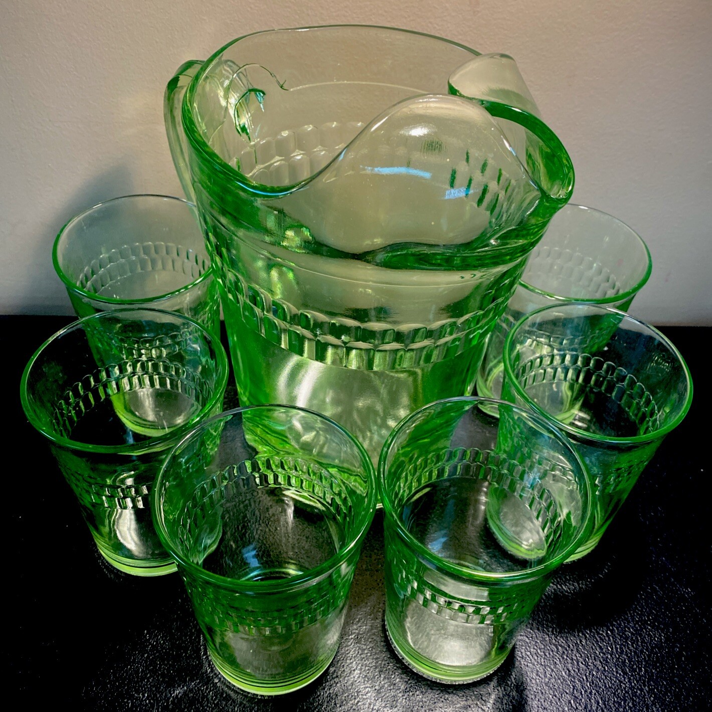 1930’s Anchor Hocking Roulette Water Pitcher W/6 Tumblers UV Reactive Depression