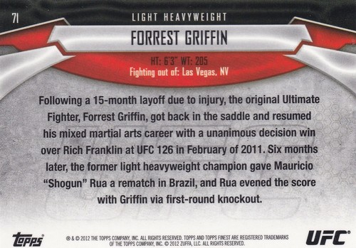 Forrest Griffin Signed 2012 Topps Finest UFC Card #71 Autograph 59 62 76 86 148 - Picture 5 of 24