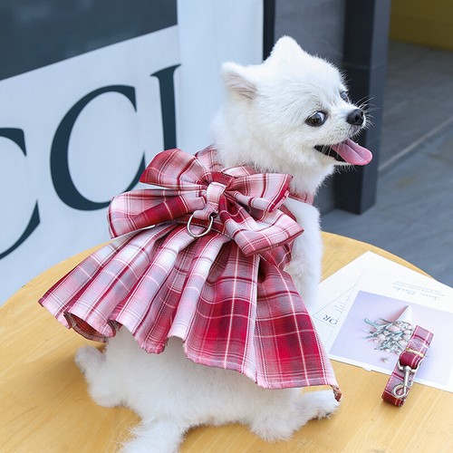 Small Pet Dog Plaid Bow Skirt Vest Dress Clothes Puppy Cat Harness + Leash Set - Picture 6 of 21
