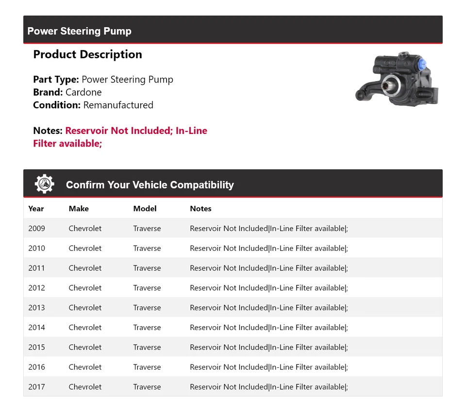 Bomba de dirección asistida Cardone para Chevrolet Traverse 2009-2017 2010 2011 2012 2013 Foto 2 de 4