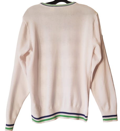 Suéter BPS Cuello en V Blanco Cuadros Arlequín 50% Algodón Verde Púrpura L/Slv Logo Talla S - Imagen 4 de 9
