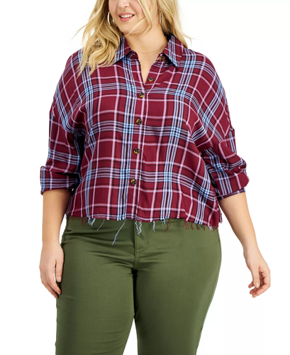 Love Fire Womens Plus Size 1X Raw Hem Plaid Button-Down Top Burgundy Blue 1442