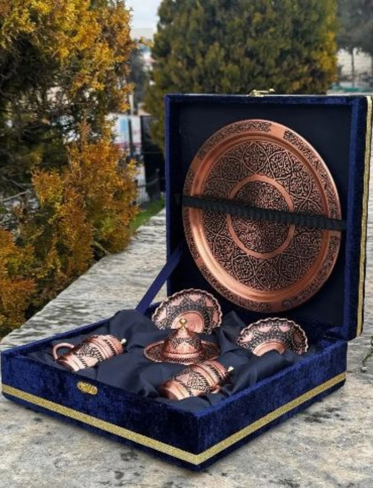 Juego de café turco de cobre hecho a mano, tazas de café espresso con bandeja juego de 2 para servir Foto 2 de 4