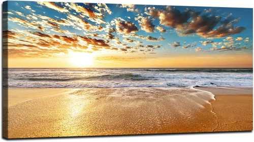 Beautiful Sunset 1 Panel Ocean Beach Waves Scenery Painting Artwork for Office - Picture 1 of 7