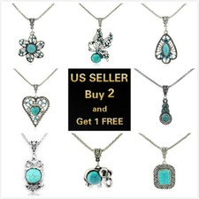 20" Boho Turquoise Gemstone Necklace Chain Pendant Crystal Choker Vintage