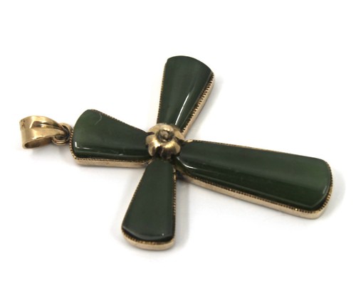 14K massiver Gelbgold grüner Onyx Kreuz Anhänger 1,6" x 1" Zoll - Bild 3 von 7