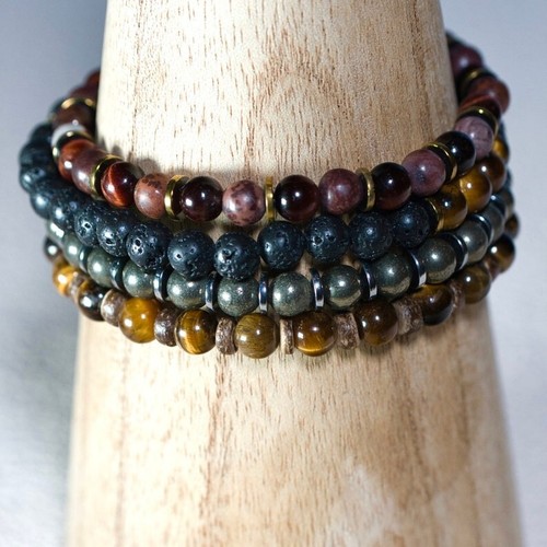 Natural Lava Rock & Tiger's Eye Smooth Round Gemstone Beads Bracelets 6-8'' Men - Picture 14 of 18