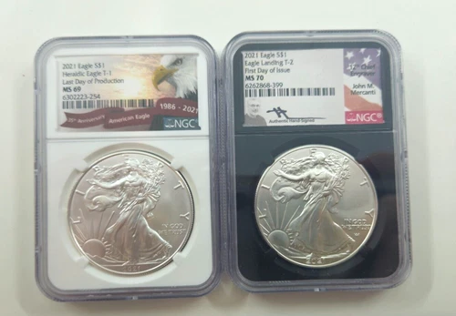 Lot of 2 United States Silver Eagle 2021 NGC MS70 Type 2 - 1oz of Fine Silver