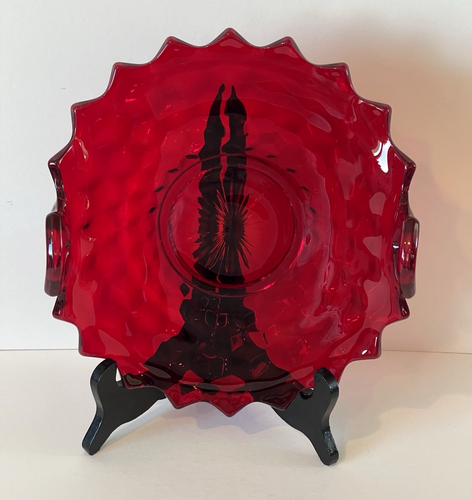 Vintage Fostoria American Ruby Red 10” Muffin Tray Block Optic Plate / Handles - Picture 5 of 8