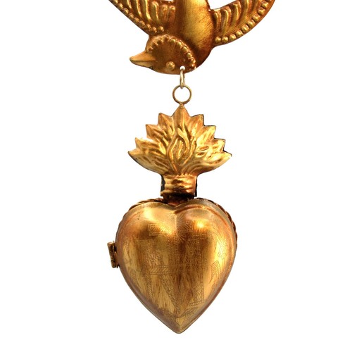 8.5" Sacred Heart Ex Voto Locket with Dove, Antiqued Gold Milagro Ornament - Picture 2 of 7