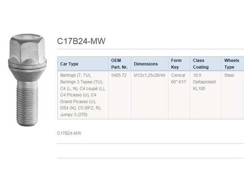 Wheel screw Citroen Berlingo 7 and TU steel rims M12x1.25 OE 5405.72 length 49m - Picture 5 of 6