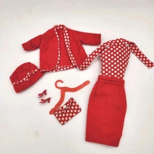 Vtg 60s Red Polka Dot Doll Outfit Fits 11.5" Francie Barbie Clone Dress Hat Set