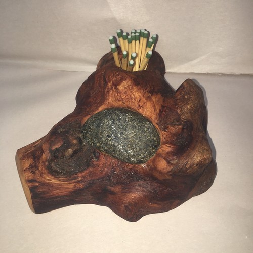 Primitive Alder Wood Match Holder Flint Stone Lighter Folk Art Cottage Core - Picture 3 of 9