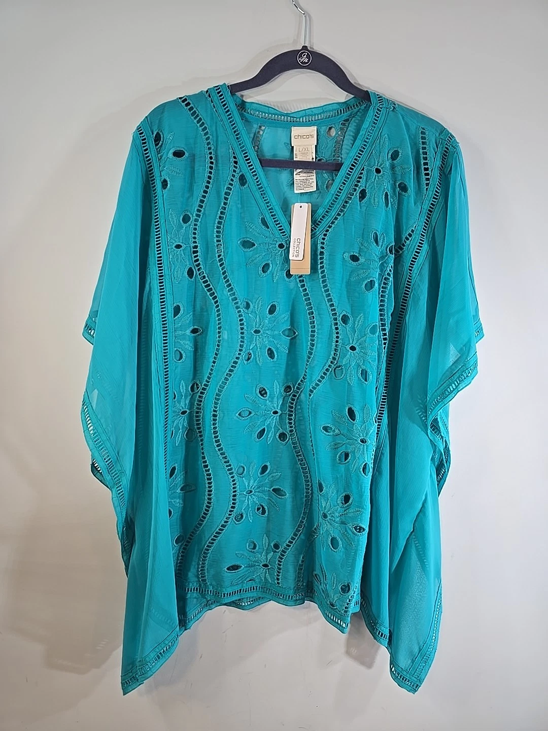 Chicos Eyelete Poncho L/LX. Covering Ruana Azul Isle NEW