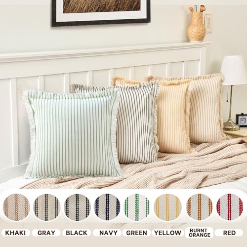 Throw Pillow Covers 20x20 Set of 2 Green Striped Pillow Covers with Fringe - Picture 6 of 7