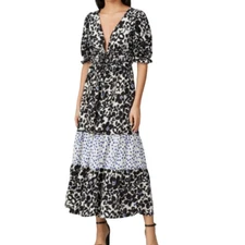 Love Whit ladies black floral puffed sleeve tiered maxi dress black/blue SZ XS 