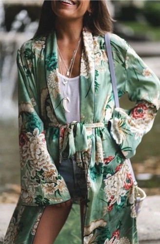 Zara Green Floral Print Oriental Kimono Robe NO Belt S Fits M 8 10 12 Blogger - Picture 2 of 13