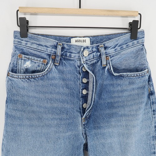 AGOLDE Riley Crop Jeans Womens 27 Blue Distressed Button Fly High Rise Straight - Picture 2 of 11