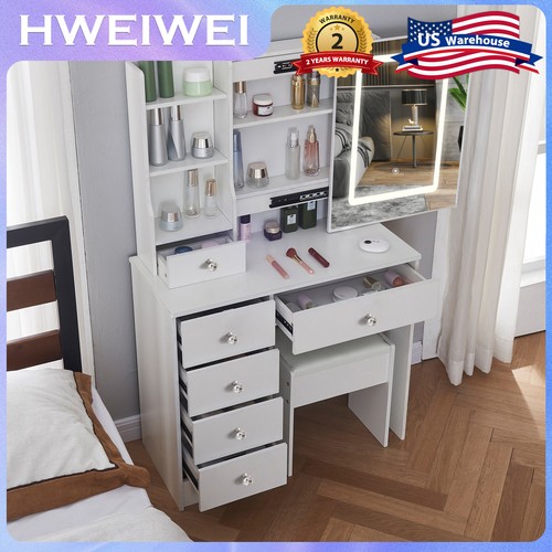Makeup Vanity Set Large LED Lighted Mirror Dressing Table Dresser Desk Drawer - Picture 4 of 11