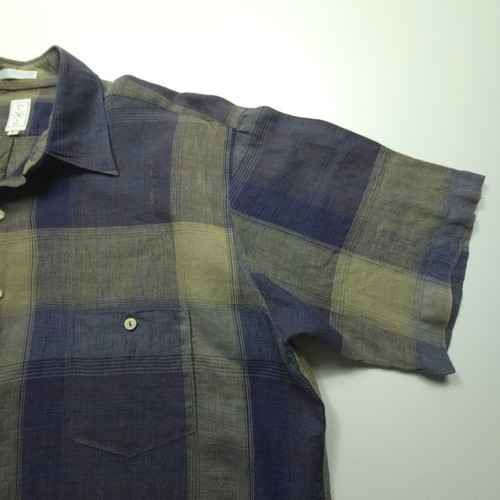 VTG Burma Bibas Mens Shirt XL Blue Brown Pure Natural Linen 90s Leisure Casual - Picture 9 of 22