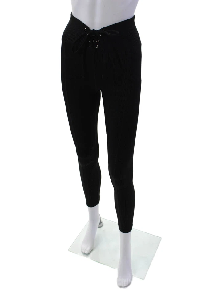 Year Of Ours Womens Lace Up High Rise Ribbed Knit Leggings Black Size Small - Image 2 of 4
