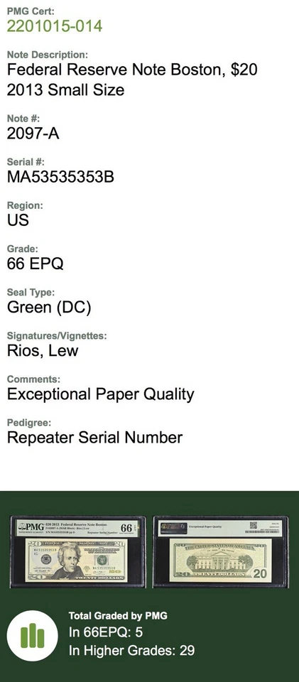 2013 $20 FRN PMG 66 EPQ Super Repeater Serial Number MA53535353B Fancy Graded - Image 3 of 3