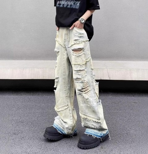 Men's Retro Yellow Blue Denim Jeans Ripped Holes Tassels Straight Leg Punk Pants - Picture 20 of 25