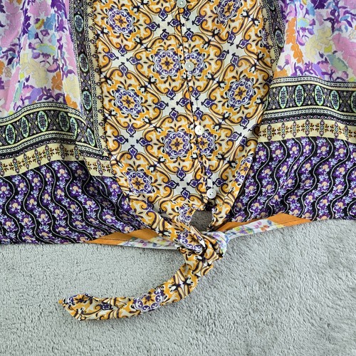 Top Mujer Higo Y Flores Grande Naranja Rosa Morado Estampado Transparente Corbata Frontal Boho - Imagen 9 de 12