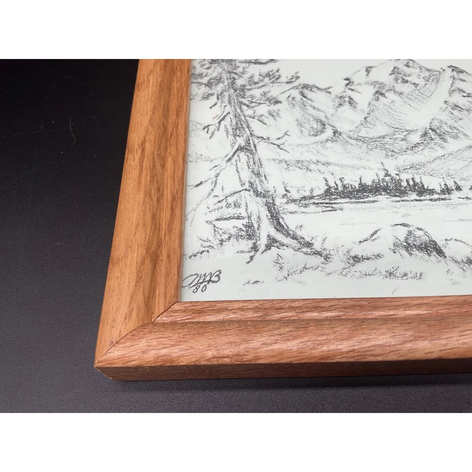 Винтажная Аляскинская Горная Сцена в Рамке Оригинальный Карандаш Рисунок Каюта Настенное Искусство - Изображение 4 из 4