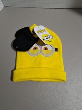 NEW Illumination Minions Toddler Size 2T-5T YELLOW Beanie Hat Black Mittens