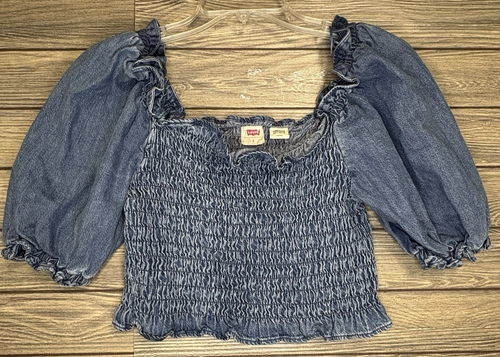 Levis gesmoktes Denim bauchfreies Oberteil Damen klein blau Puffärmel Rüschen quadratisch Y2K
